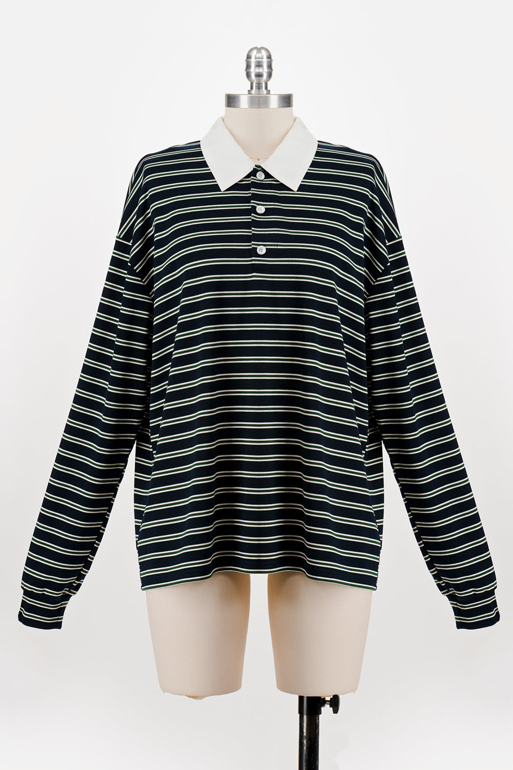 OVERSIZED LONG SLEEVE STRIPED POLO NAVY/HUNTER