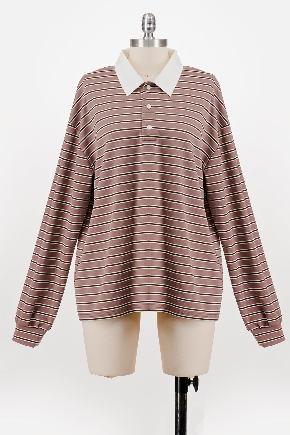 OVERSIZED LONG SLEEVE STRIPED POLO MAUVE/BROWN