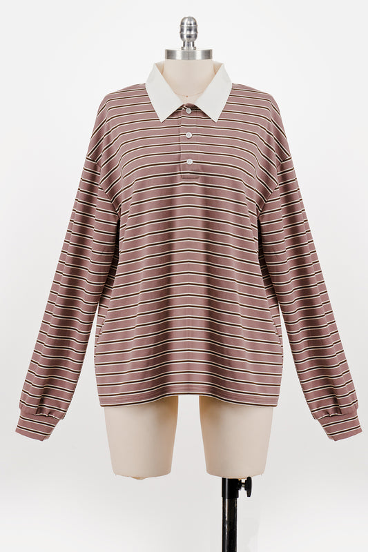 OVERSIZED LONG SLEEVE STRIPED POLO MAUVE/BROWN
