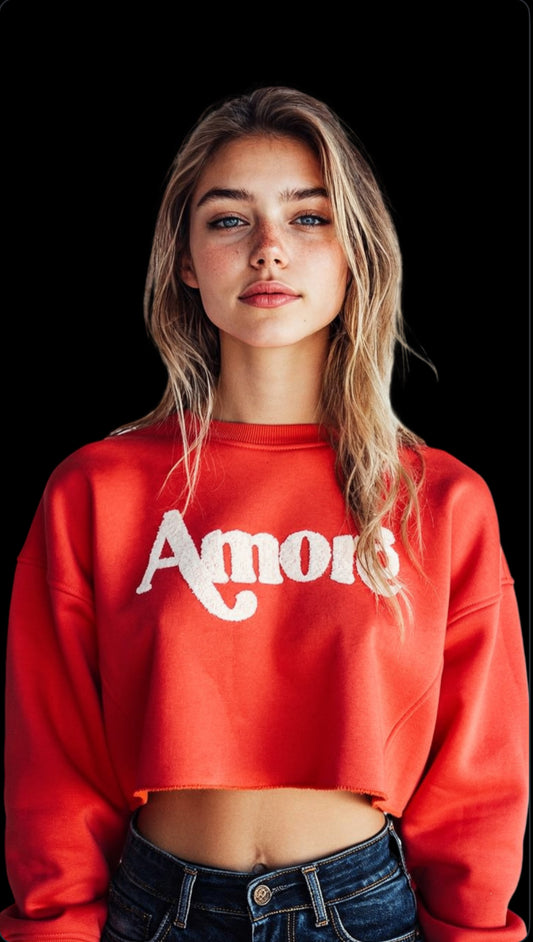 AMORE LONG SLEEVE FLEECE SWEATSHIRT WITH GRAPHIC FLOCKING